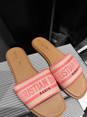 Dior Pink and Natural Canvas Slide Sandals